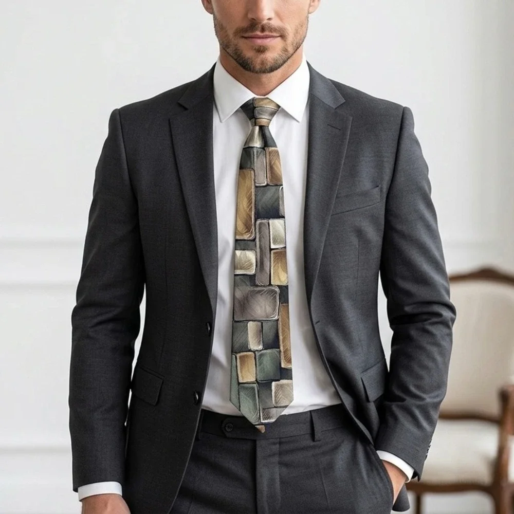 ZYLOS George Machado Silk Necktie Brown Green Gold‎ Abstract Mosaic Block USA